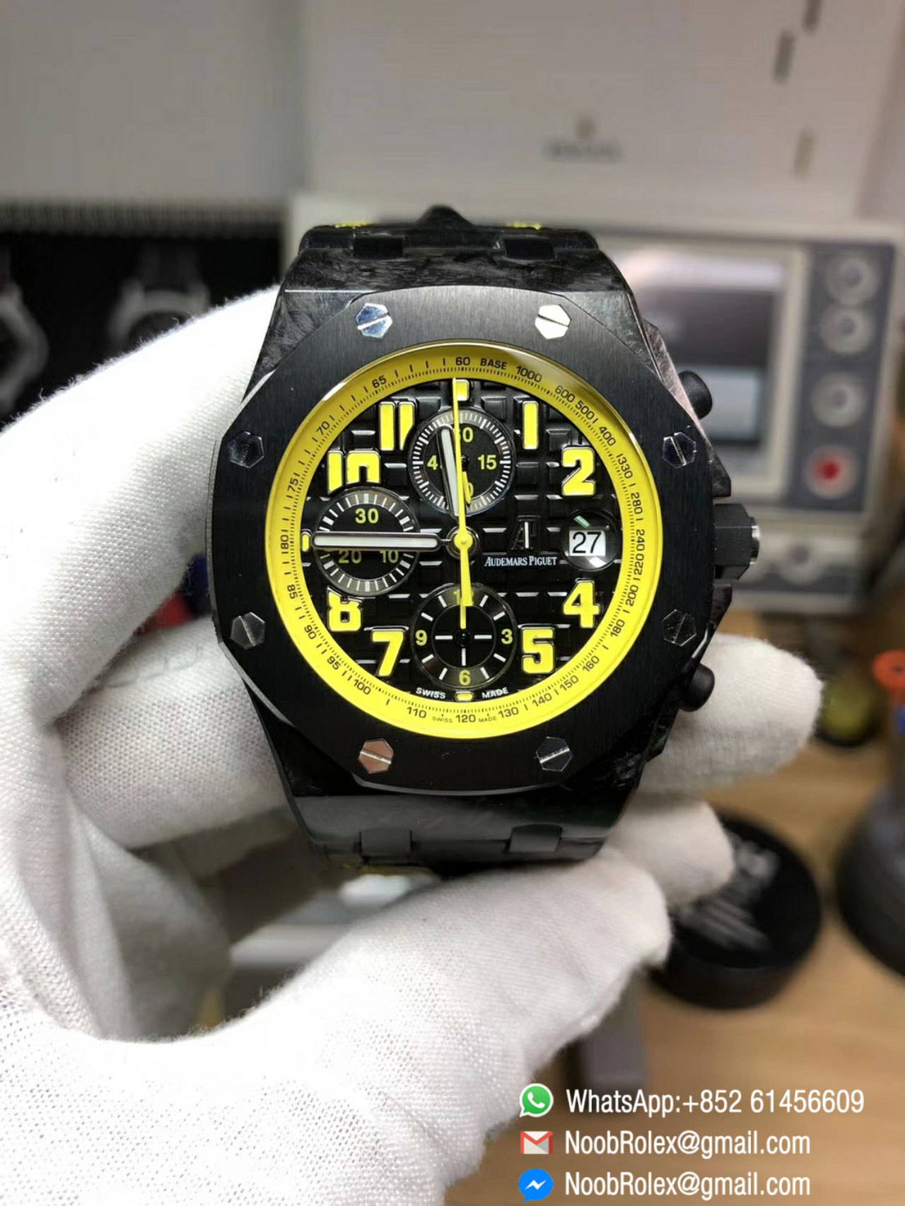 AP Royal Oak Offshore Chronograph Watch 26176FO Bumble Bee Forged Carbon Case Leather Strap A7750 JF