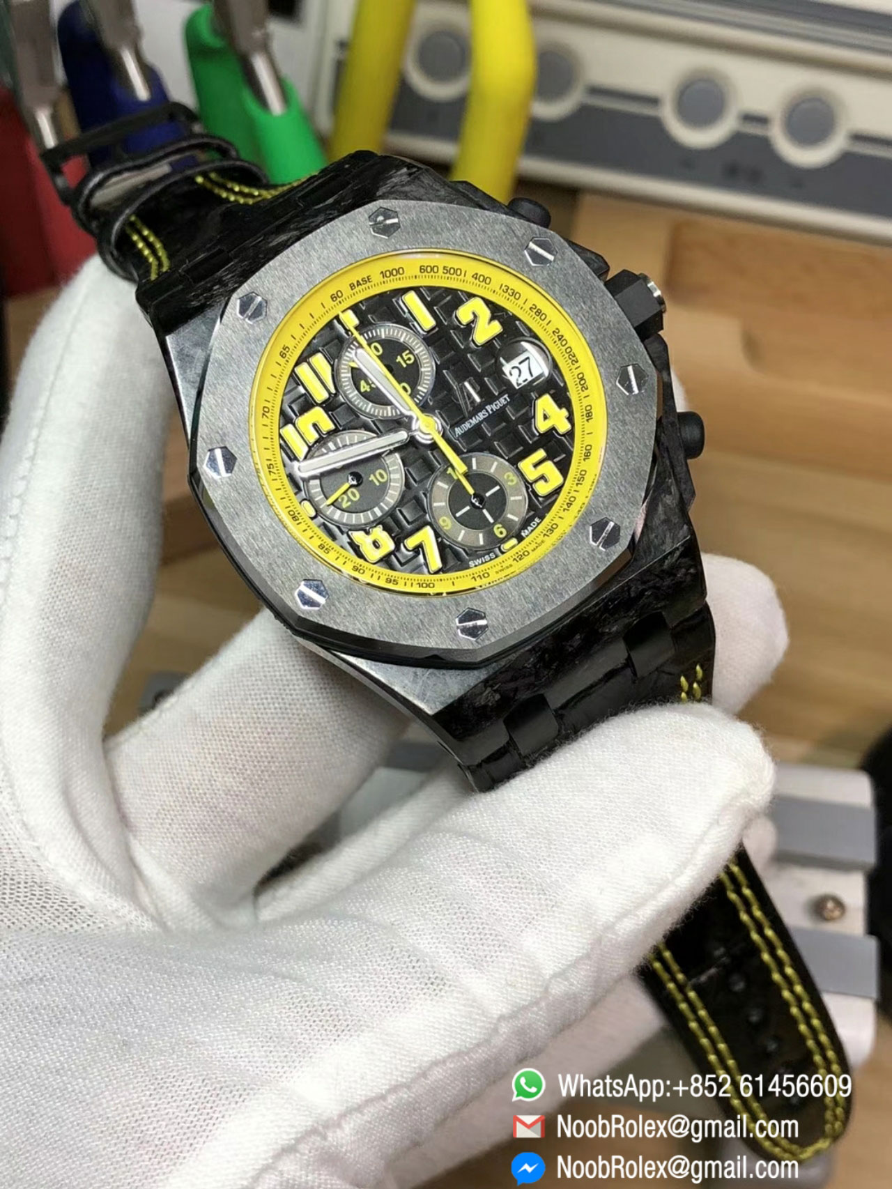 AP Royal Oak Offshore Chronograph Watch 26176FO Bumble Bee Forged Carbon Case Leather Strap A7750 JF