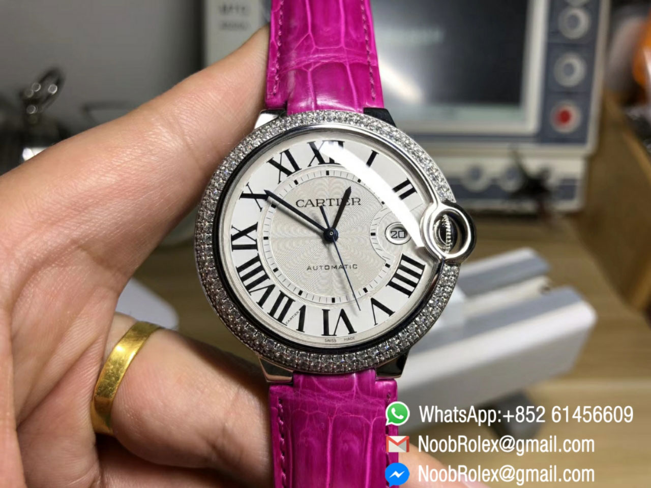 Ballon Bleu De Watch Diamonds Bezel Large Size 42mm Silver Textured Dial on Pink Croco Strap ETA2892