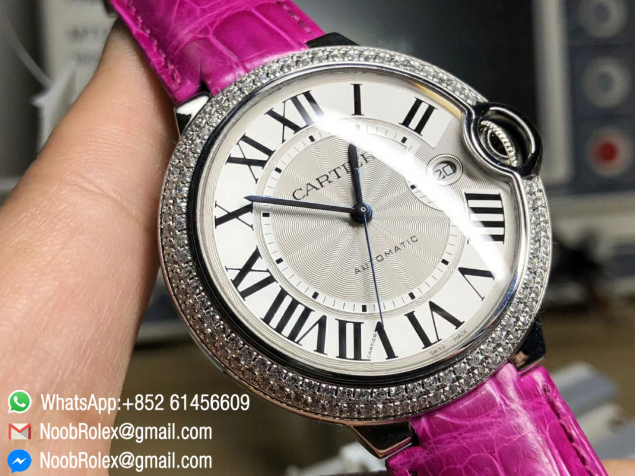 Ballon Bleu De Watch Diamonds Bezel Large Size 42mm Silver Textured Dial on Pink Croco Strap ETA2892