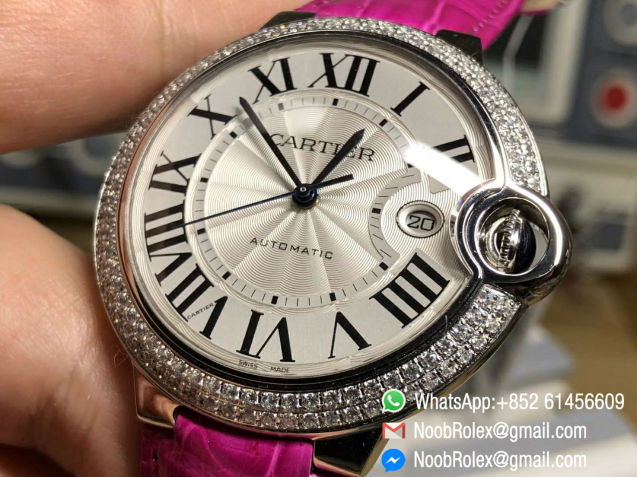 Ballon Bleu De Watch Diamonds Bezel Large Size 42mm Silver Textured Dial on Pink Croco Strap ETA2892