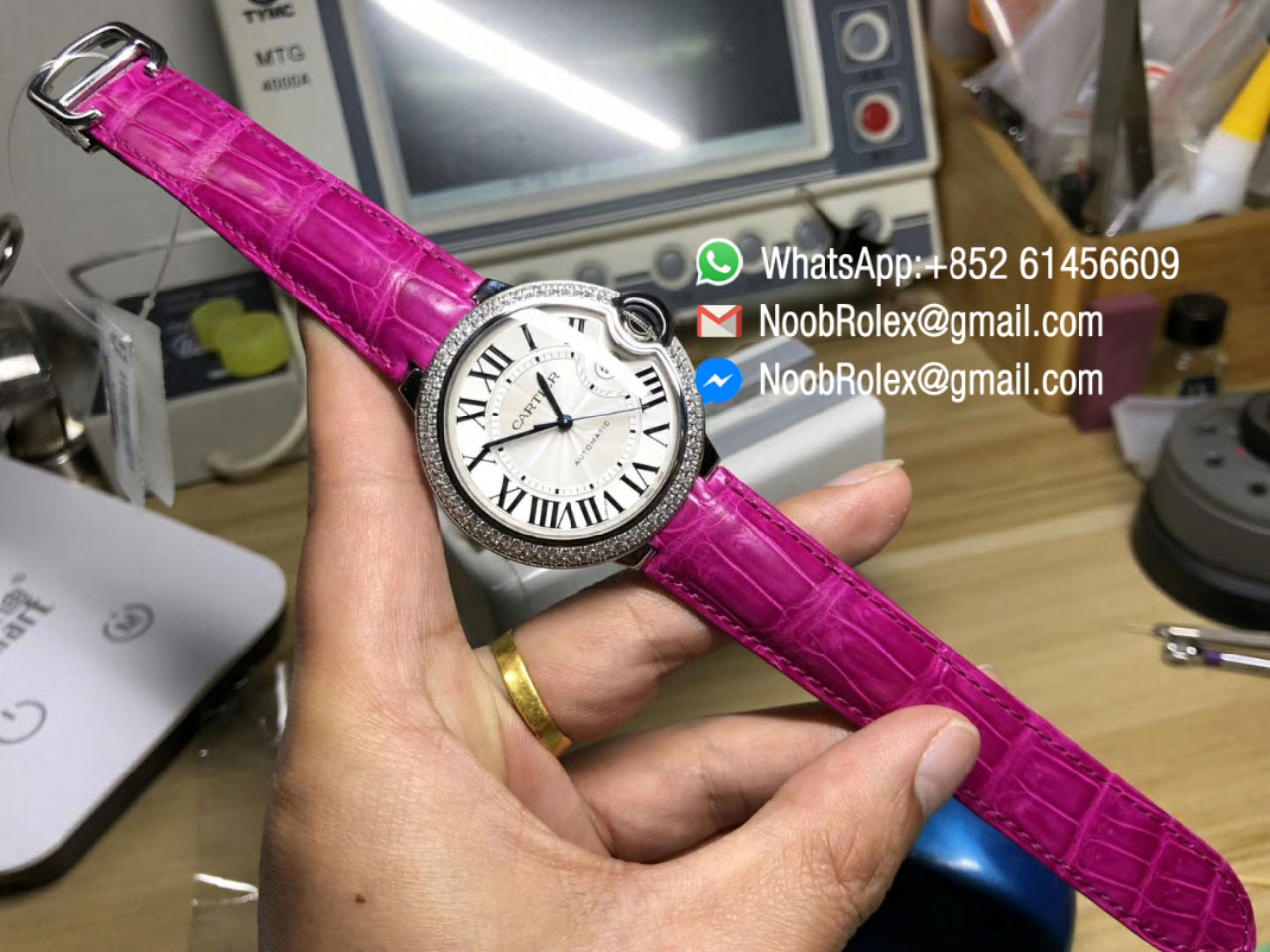 Ballon Bleu De Watch Diamonds Bezel Large Size 42mm Silver Textured Dial on Pink Croco Strap ETA2892