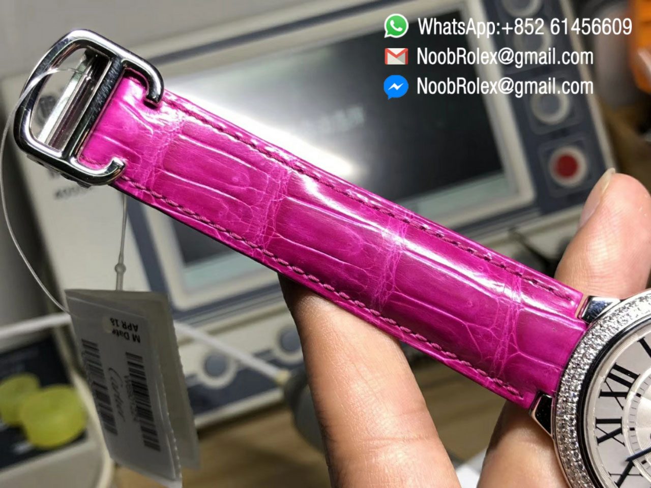 Ballon Bleu De Watch Diamonds Bezel Large Size 42mm Silver Textured Dial on Pink Croco Strap ETA2892