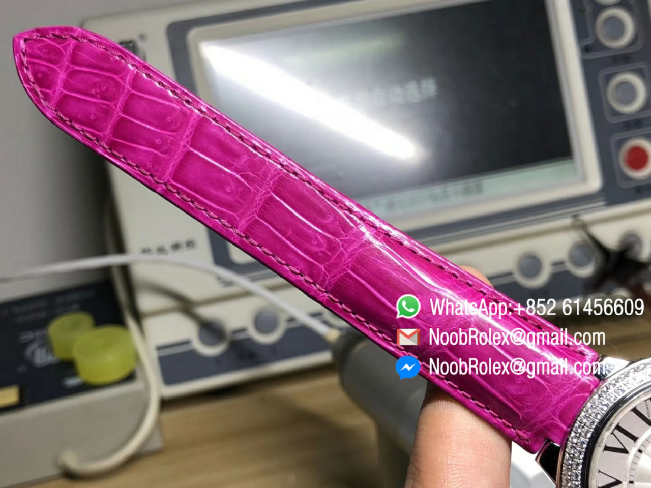 Ballon Bleu De Watch Diamonds Bezel Large Size 42mm Silver Textured Dial on Pink Croco Strap ETA2892