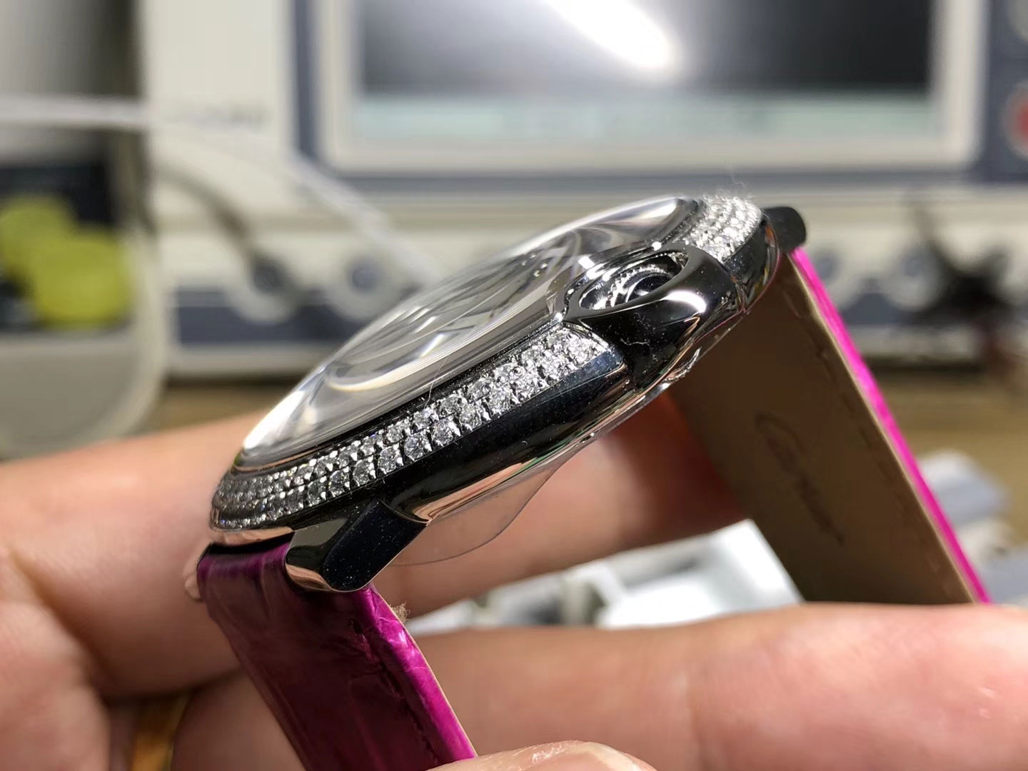 Ballon Bleu De Watch Diamonds Bezel Large Size 42mm Silver Textured Dial on Pink Croco Strap ETA2892