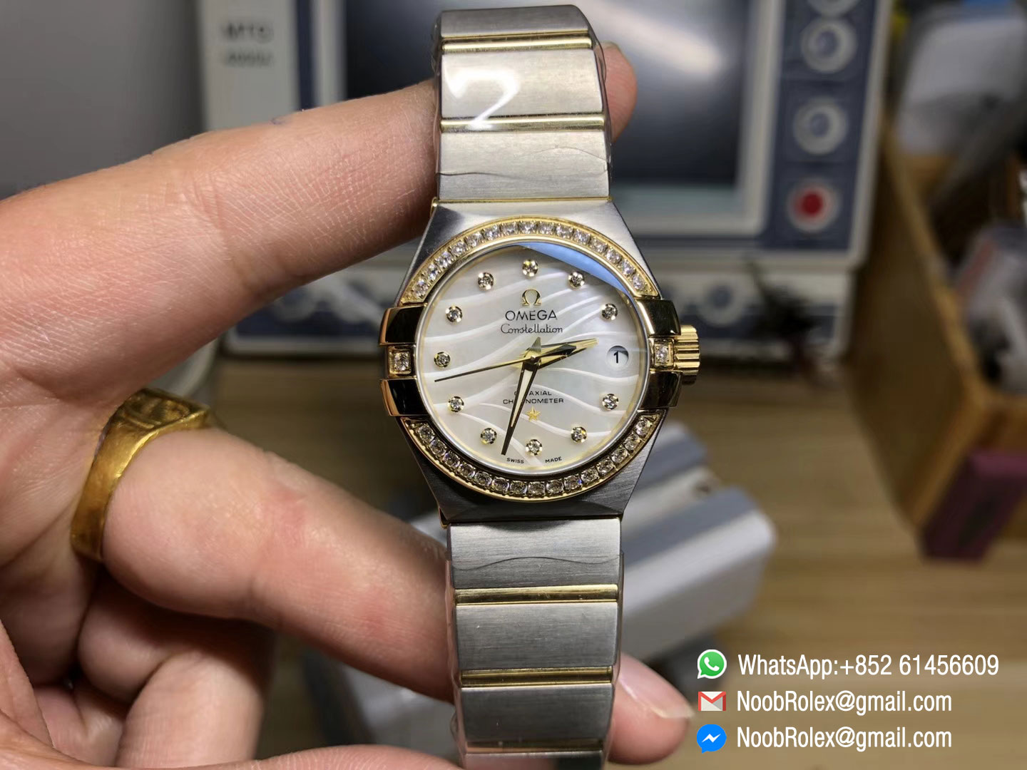 Constellation CO-AXIAL 27 MM Ladies Watch Yellow Gold on Steel Case Diamonds Bezel White MOP Dial A8520 V6F Best Quality
