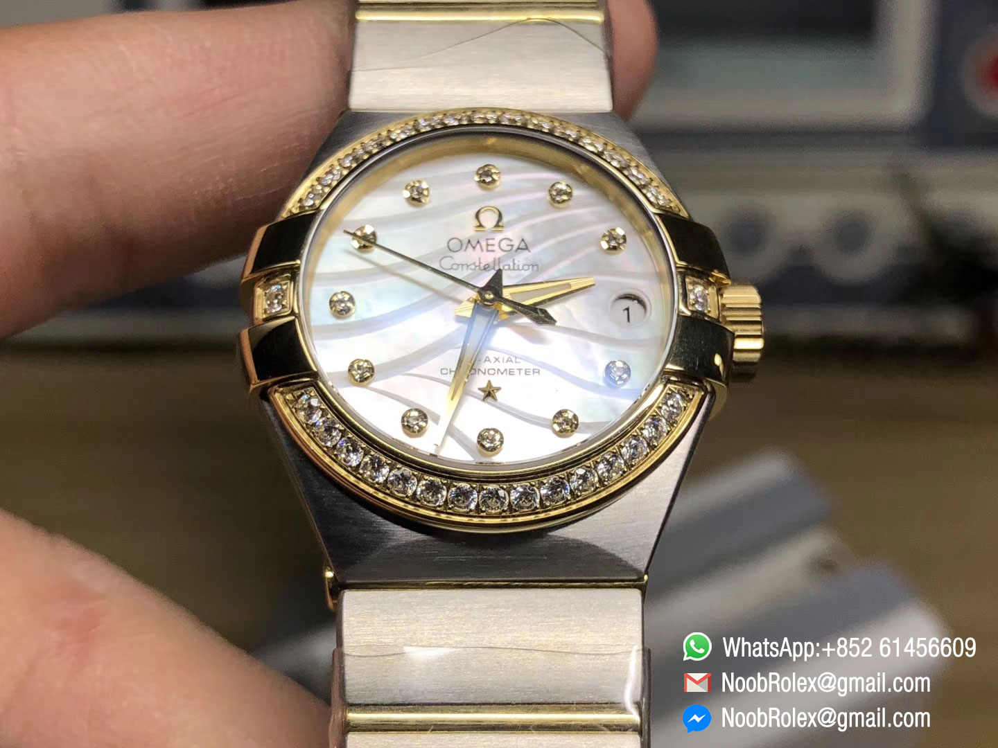 Constellation CO-AXIAL 27 MM Ladies Watch Yellow Gold on Steel Case Diamonds Bezel White MOP Dial A8520 V6F Best Quality