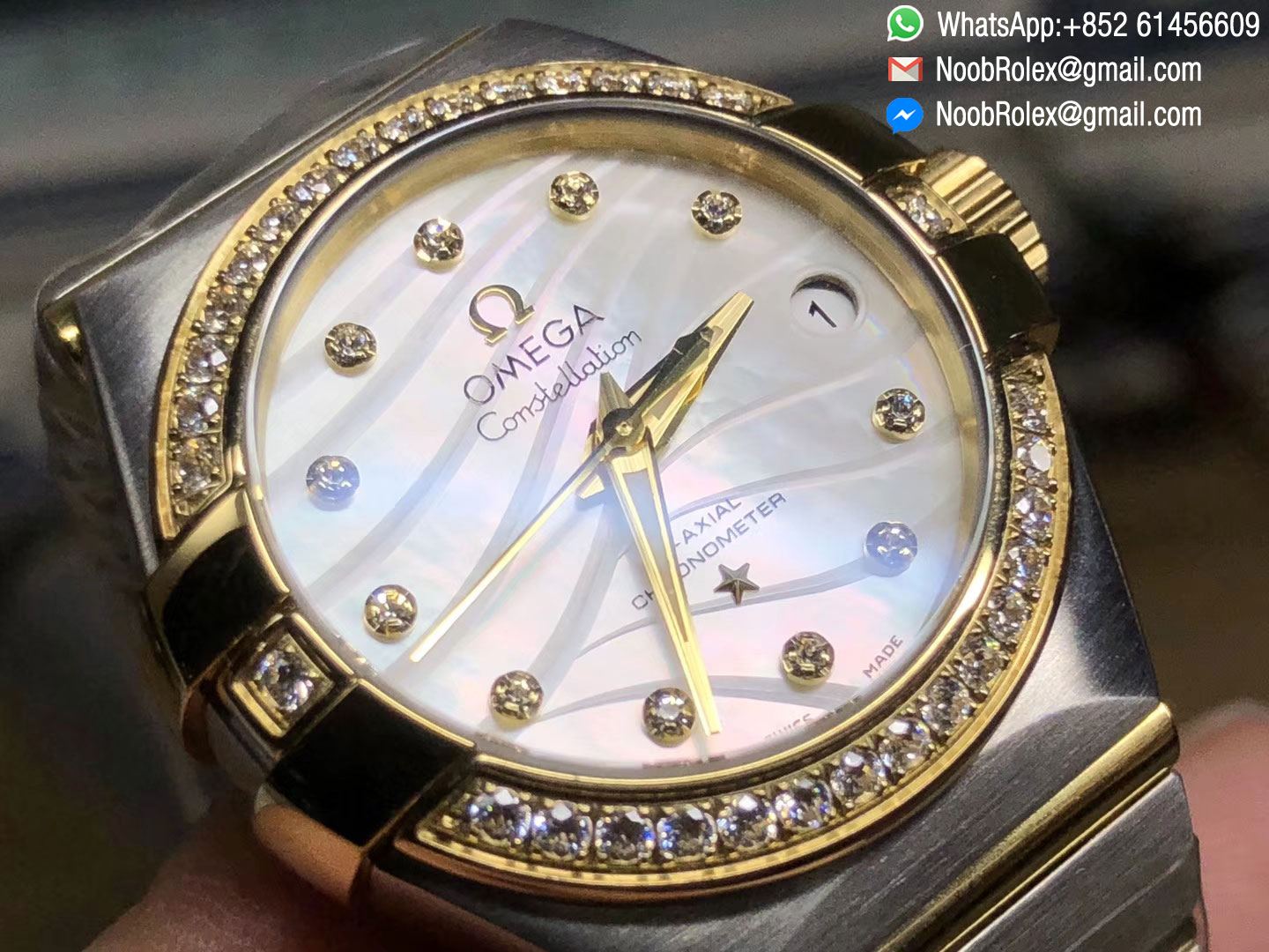 Constellation CO-AXIAL 27 MM Ladies Watch Yellow Gold on Steel Case Diamonds Bezel White MOP Dial A8520 V6F Best Quality