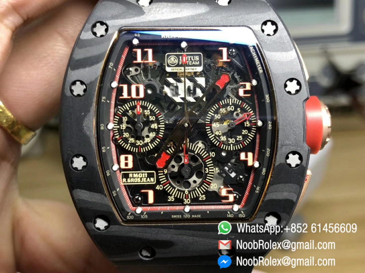 RM011 NTPT Lotus F1 Team Rose Gold Chronograph Crystal Skeleton Dial Red on Black Rubber Strap A7750 KVF