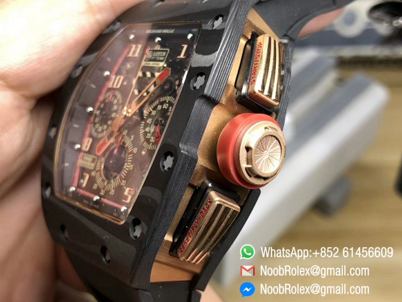 RM011 NTPT Lotus F1 Team Rose Gold Chronograph Crystal Skeleton Dial Red on Black Rubber Strap A7750 KVF