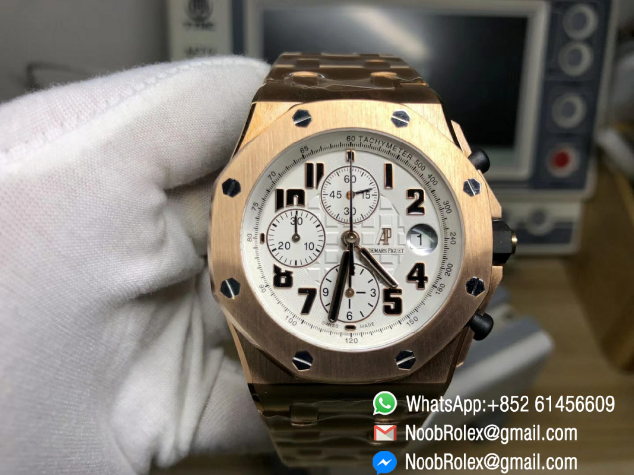 AP Royal Oak Offshore Chrono Watch 26170 Rose Gold Case & Bracelet White Dial A7750 JF