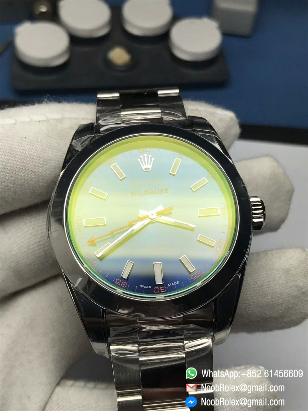 Top Fake Rolex Milgauss 116400GV Green Sapphire Blue Dial on Steel Bracelet SH3131 AR Factory