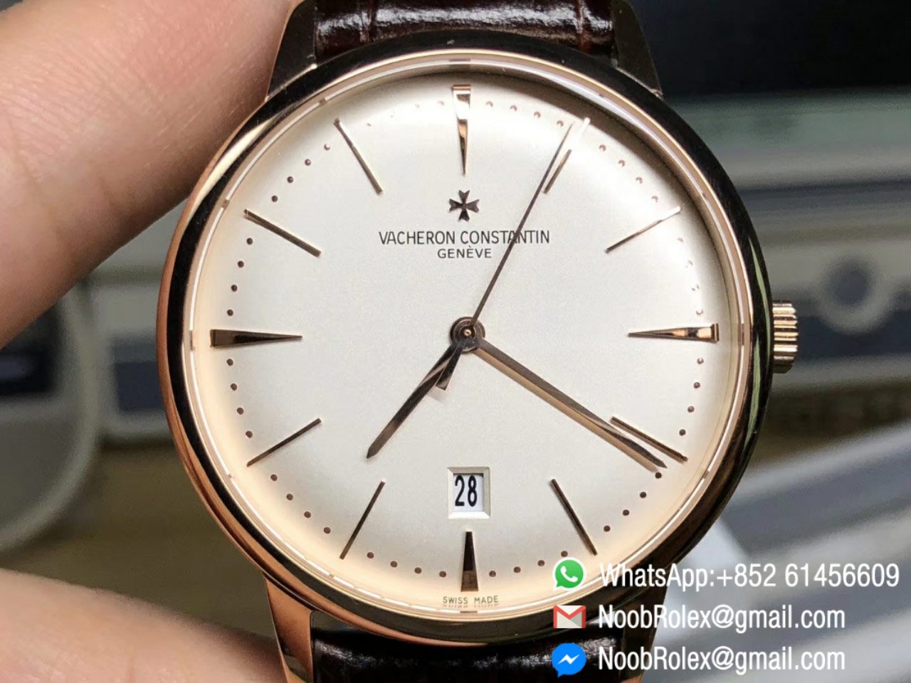 Vacheron Constantin Patrimony Date Rose Gold Case White Dial on Brown Leather Strap Automatic Watch