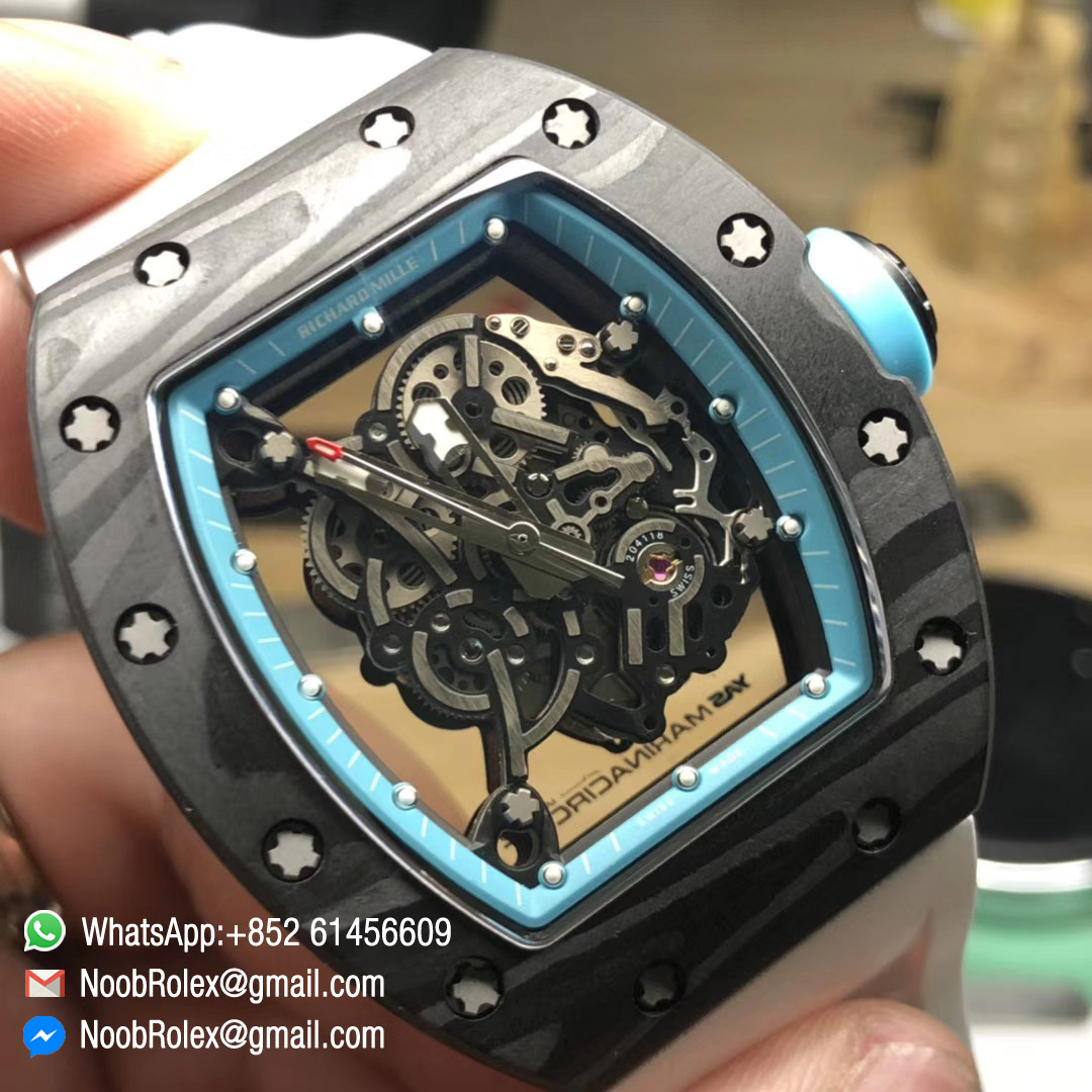 RM055 Bubba Watson Yas Marina Circuit F1 Limited Edition Black Forge Carbon Titanium Case Skeleton Dial Blue Inner Bezel on White Rubber Strap MIYOTA8215 KVF