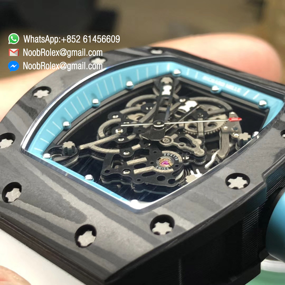 RM055 Bubba Watson Yas Marina Circuit F1 Limited Edition Black Forge Carbon Titanium Case Skeleton Dial Blue Inner Bezel on White Rubber Strap MIYOTA8215 KVF