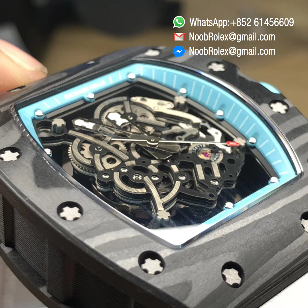 RM055 Bubba Watson Yas Marina Circuit F1 Limited Edition Black Forge Carbon Titanium Case Skeleton Dial Blue Inner Bezel on White Rubber Strap MIYOTA8215 KVF