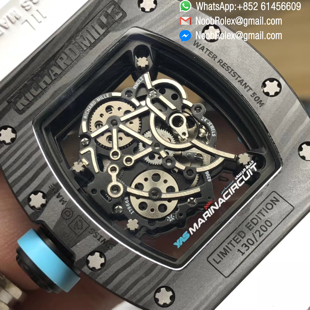 RM055 Bubba Watson Yas Marina Circuit F1 Limited Edition Black Forge Carbon Titanium Case Skeleton Dial Blue Inner Bezel on White Rubber Strap MIYOTA8215 KVF