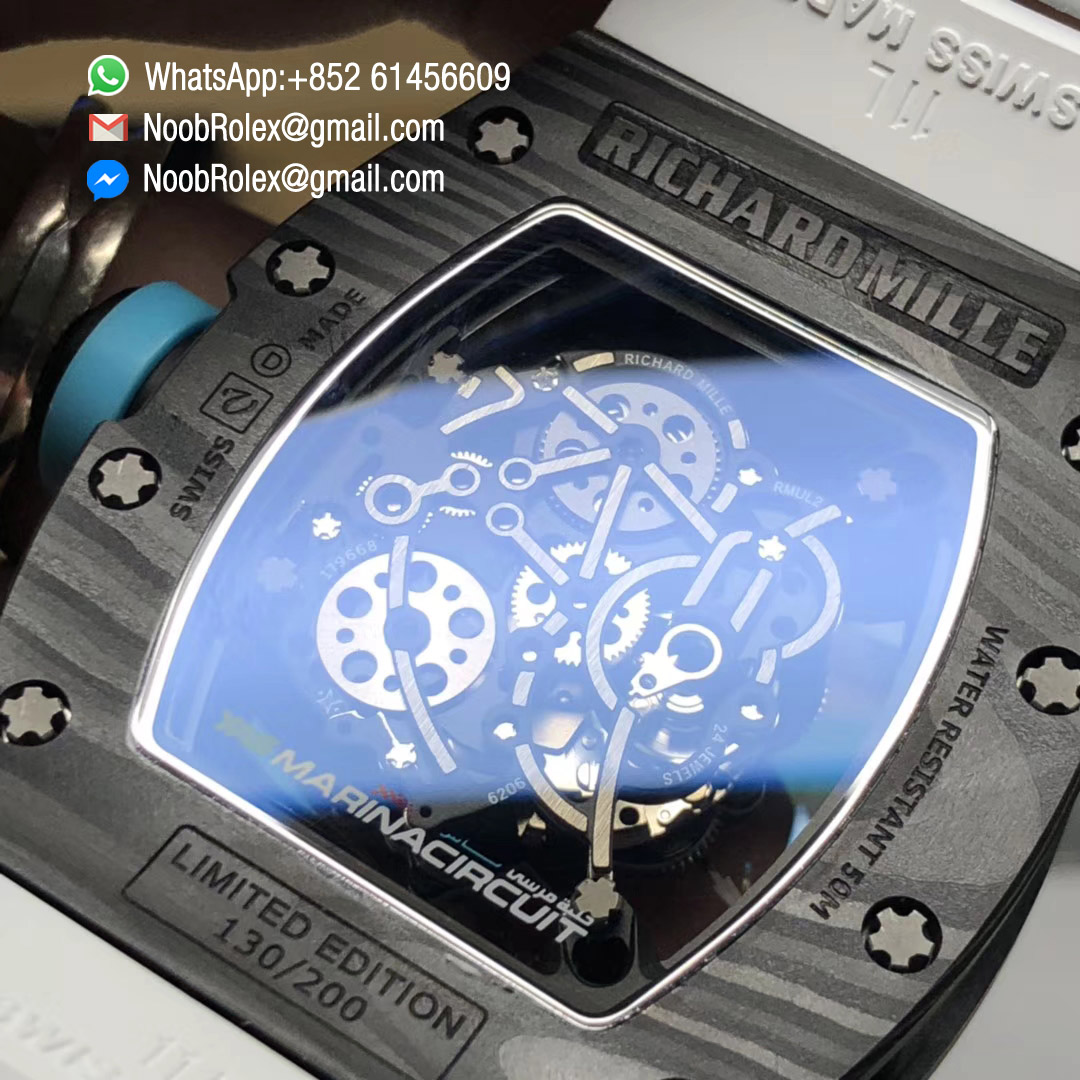 RM055 Bubba Watson Yas Marina Circuit F1 Limited Edition Black Forge Carbon Titanium Case Skeleton Dial Blue Inner Bezel on White Rubber Strap MIYOTA8215 KVF