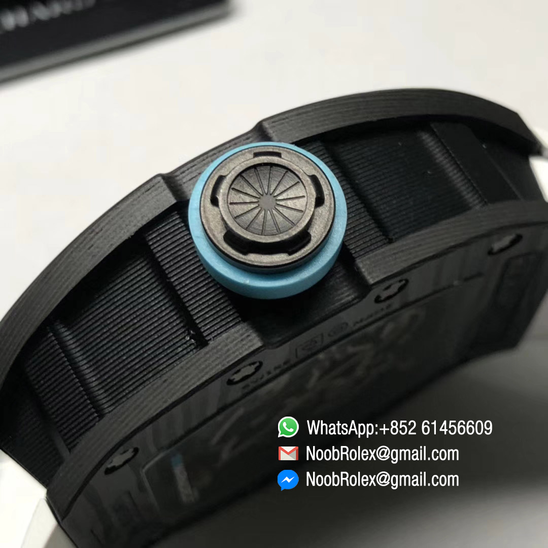 RM055 Bubba Watson Yas Marina Circuit F1 Limited Edition Black Forge Carbon Titanium Case Skeleton Dial Blue Inner Bezel on White Rubber Strap MIYOTA8215 KVF