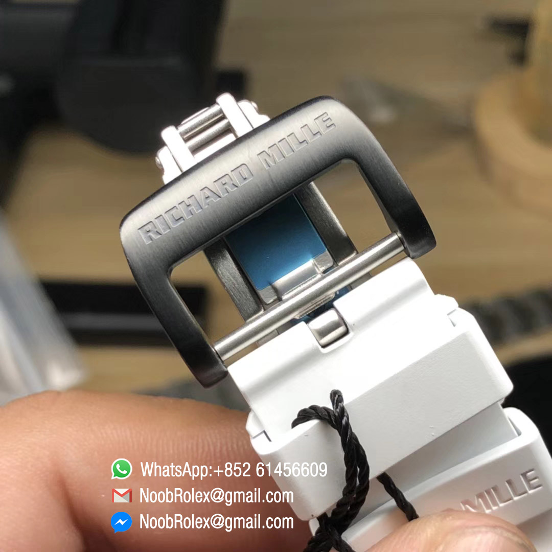 RM055 Bubba Watson Yas Marina Circuit F1 Limited Edition Black Forge Carbon Titanium Case Skeleton Dial Blue Inner Bezel on White Rubber Strap MIYOTA8215 KVF