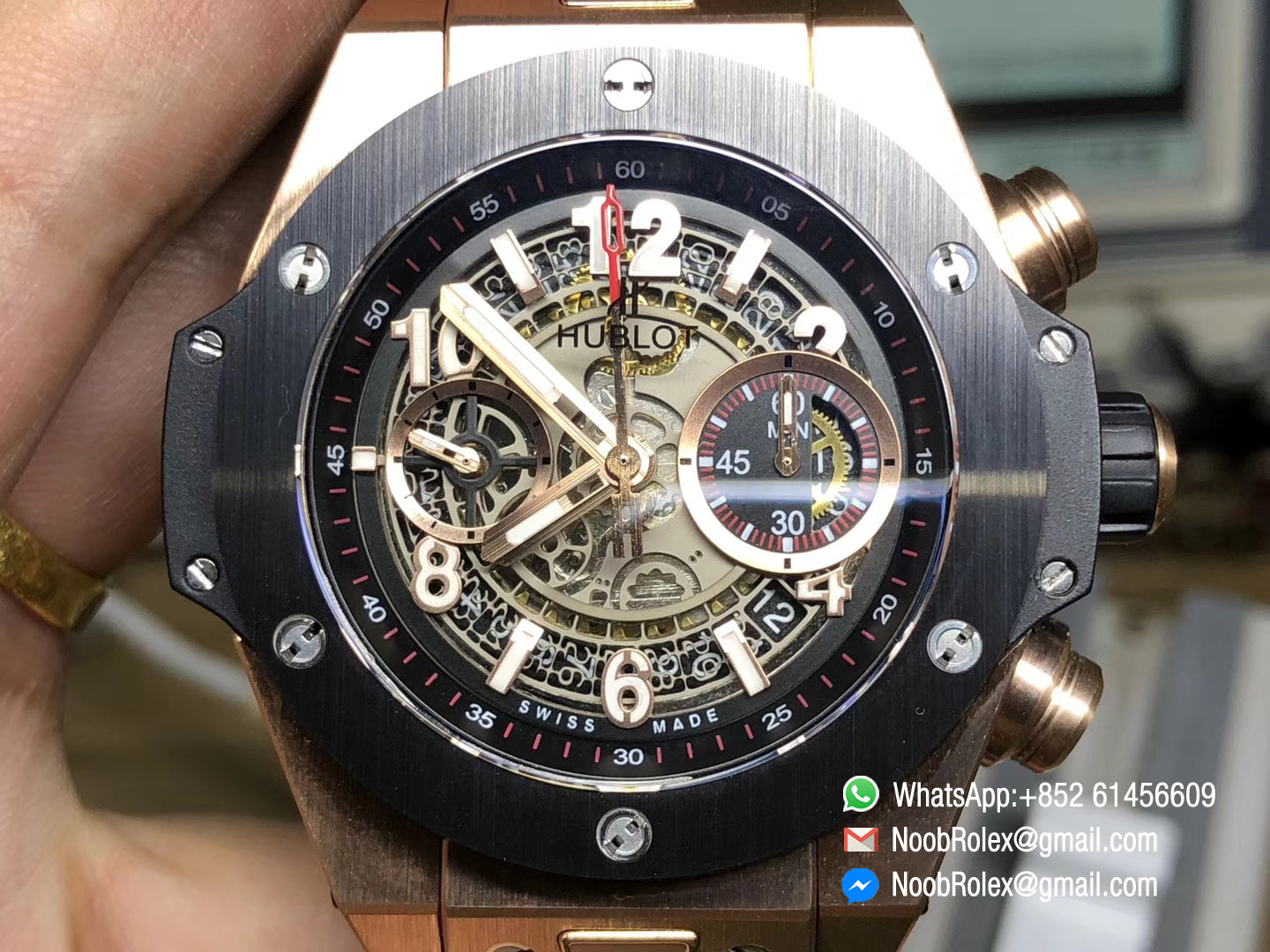 Hublot Big Bang Unico 45mm Watch 411.OM.1180.RX 18K Rose Gold Case with A7750 Chronograph AB Factory 1:1 Best Edition on Black Rubber Strap A.HUB1241