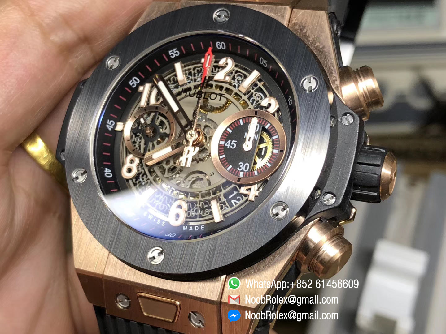 Hublot Big Bang Unico 45mm Watch 411.OM.1180.RX 18K Rose Gold Case with A7750 Chronograph AB Factory 1:1 Best Edition on Black Rubber Strap A.HUB1241