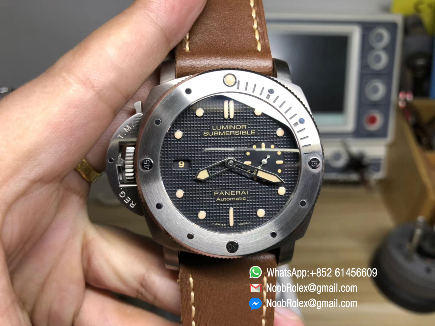 PAM569 Left-handed Person Wristwatch Titanium Case Brown Thick Leather Strap P9000 Clone JF V2 Best Edition