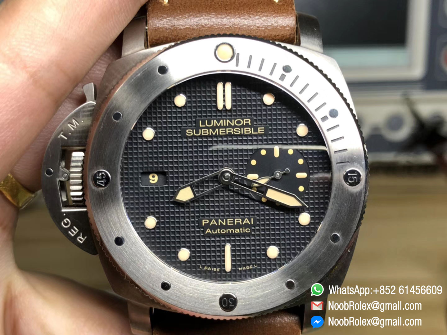 PAM569 Left-handed Person Wristwatch Titanium Case Brown Thick Leather Strap P9000 Clone JF V2 Best Edition