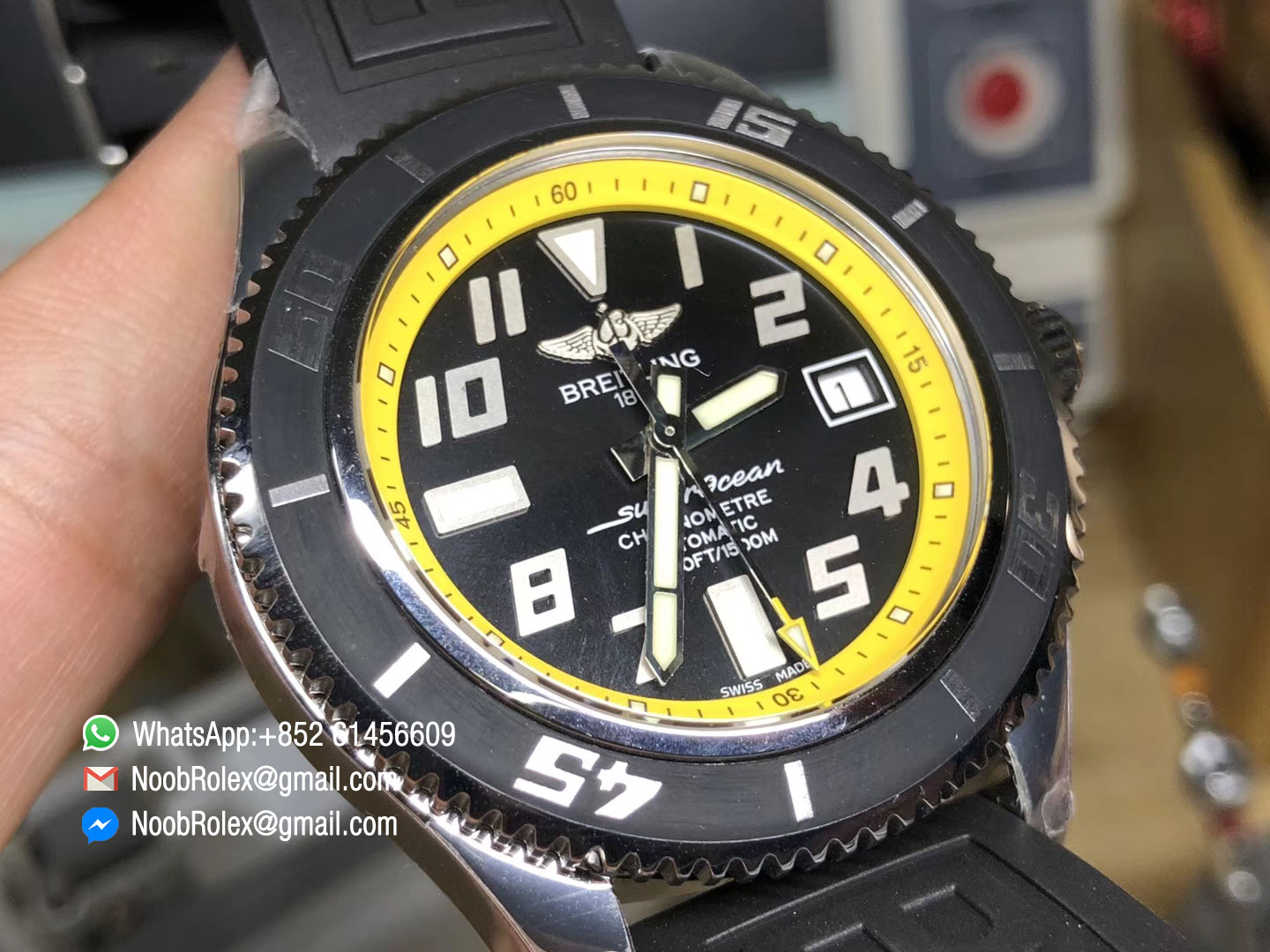 Superocean Chronometre Abyss A1736402 Stainless Steel Case Black Dial Yellow Inner Bezel On Black Rubber A2824 GMF High Quality
