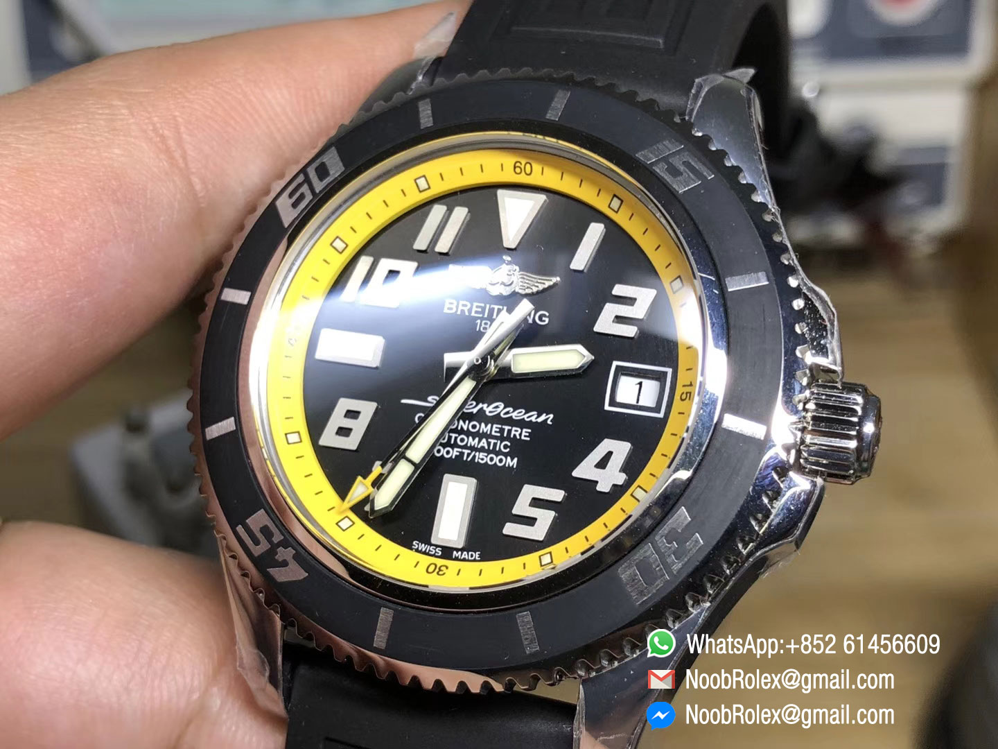 Superocean Chronometre Abyss A1736402 Stainless Steel Case Black Dial Yellow Inner Bezel On Black Rubber A2824 GMF High Quality