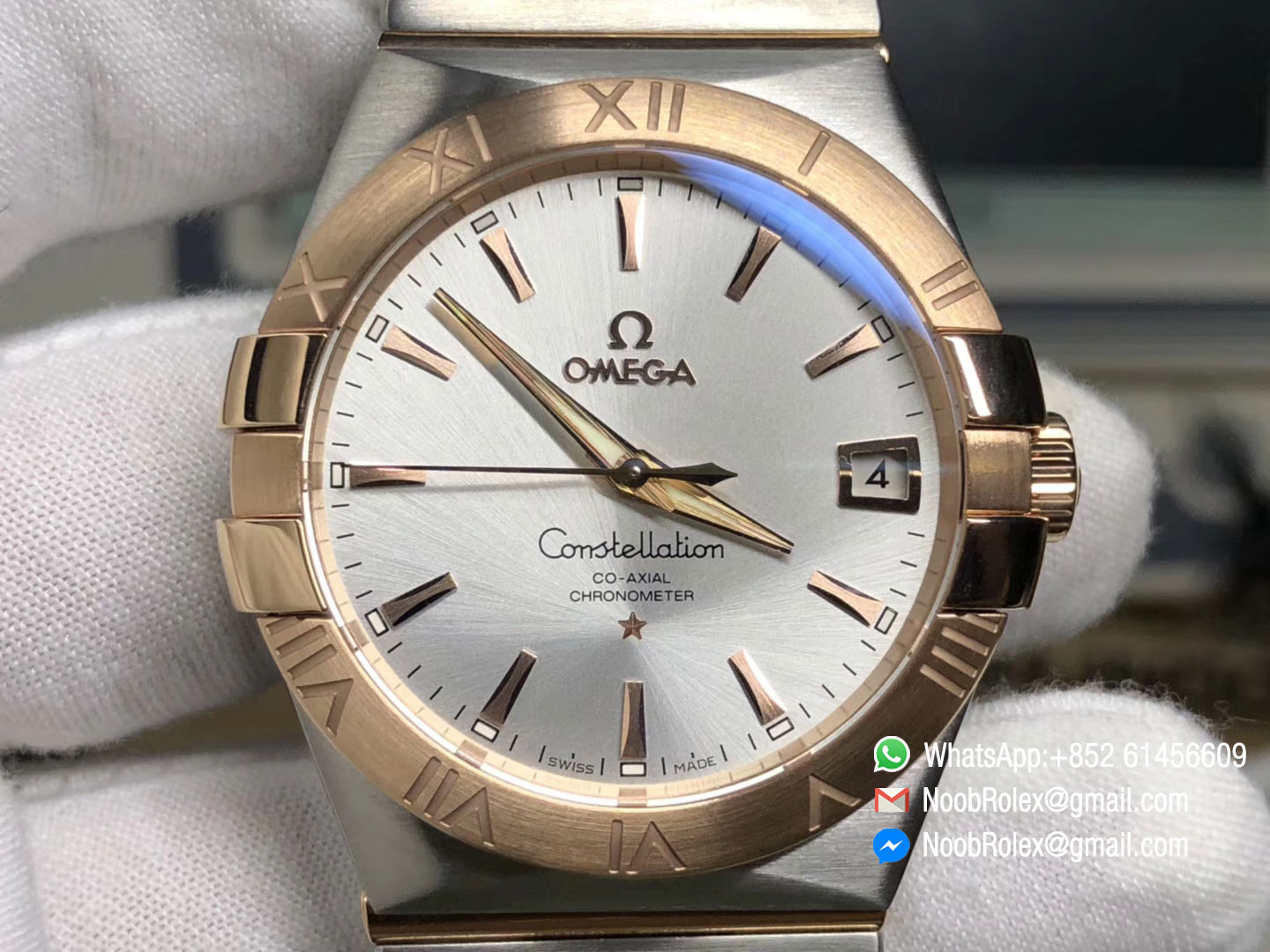 Omega Constellation CO-AXIAL 38mm Watch 123.20.38.21.02.001 Red Gold Bezel Red Gold on Steel Bracelet Silver Dial A8500 V6F Top Rep Watch