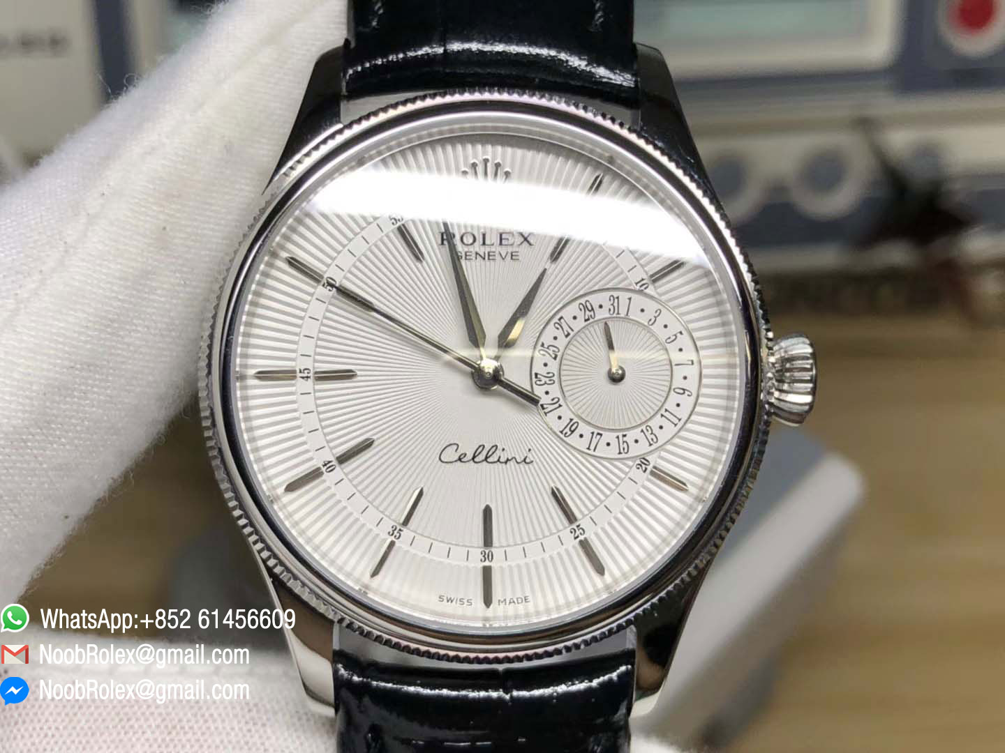 Rolex Cellini Date BP Maker Stainless Steel Case Crystal Bezel White Dial Second Sub-Dial on Black Leather Strap