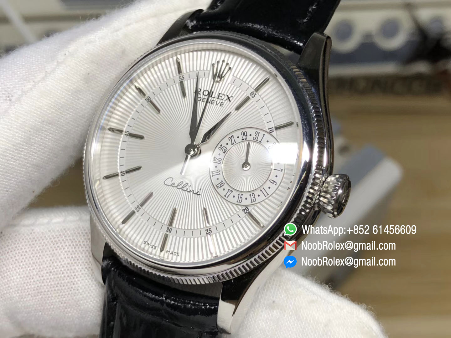 Rolex Cellini Date BP Maker Stainless Steel Case Crystal Bezel White Dial Second Sub-Dial on Black Leather Strap