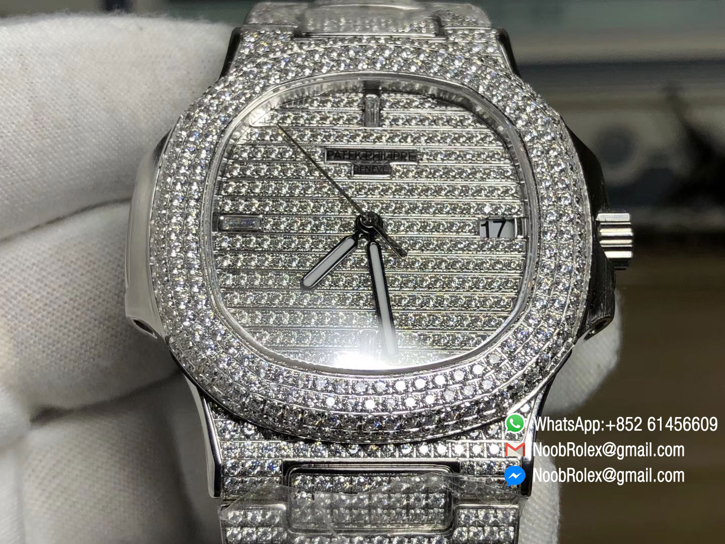 Nautilus 5719-1G Full Paved Diamond Case on Full Diamond Steel Bracelet A324 JJF Best Edition