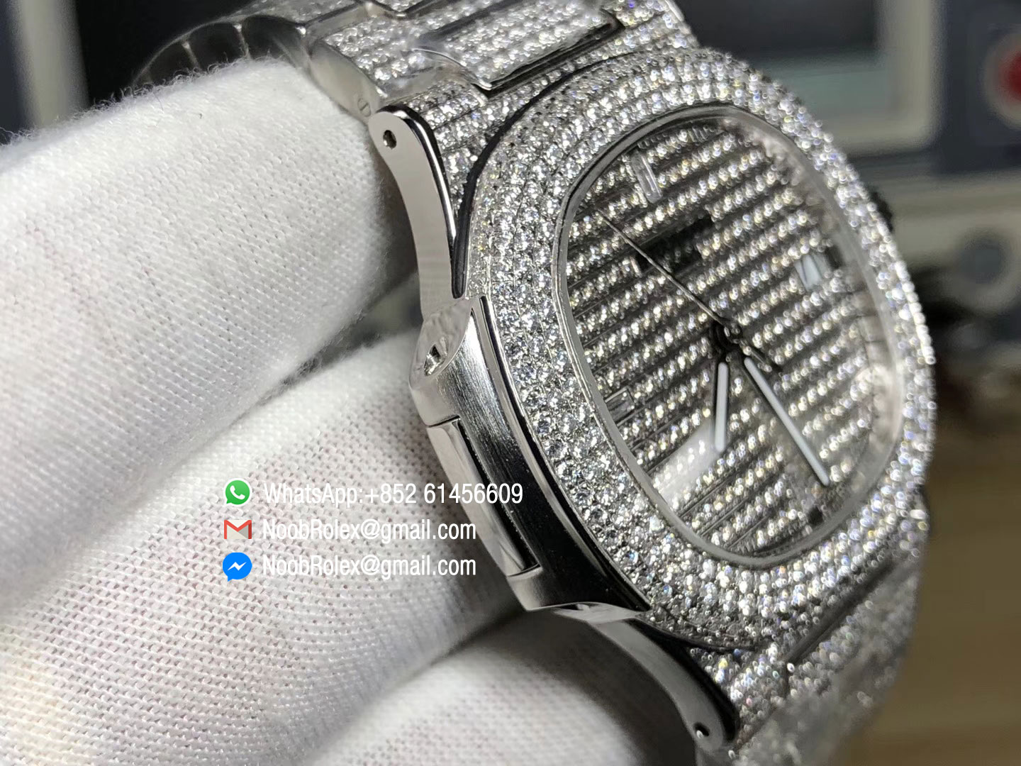 Nautilus 5719-1G Full Paved Diamond Case on Full Diamond Steel Bracelet A324 JJF Best Edition