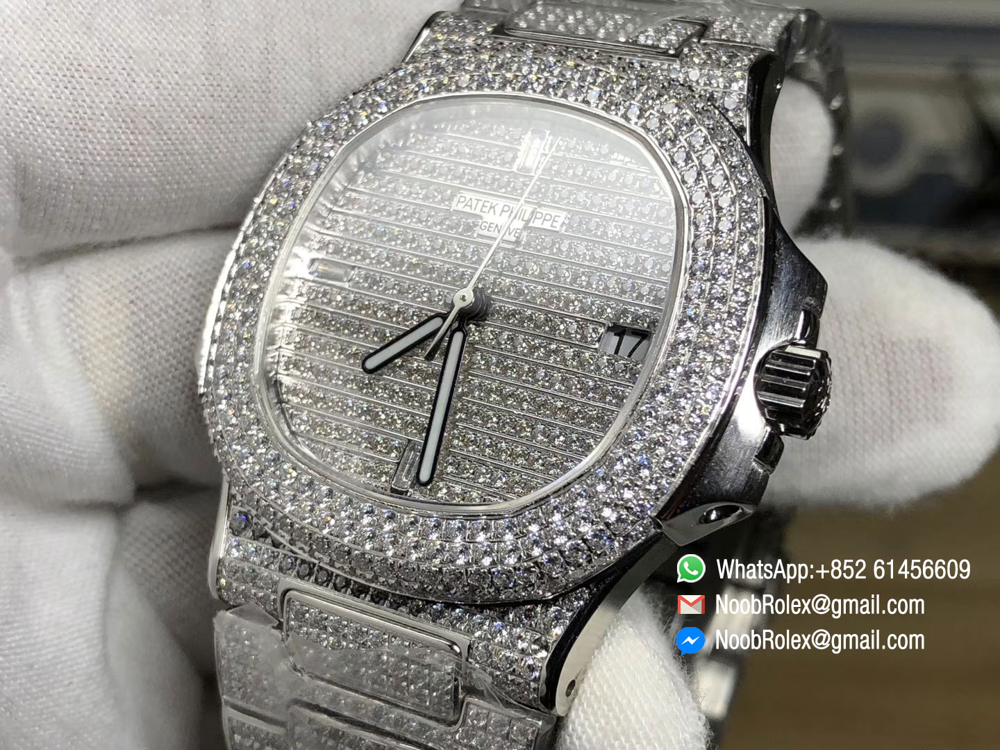 Nautilus 5719-1G Full Paved Diamond Case on Full Diamond Steel Bracelet A324 JJF Best Edition