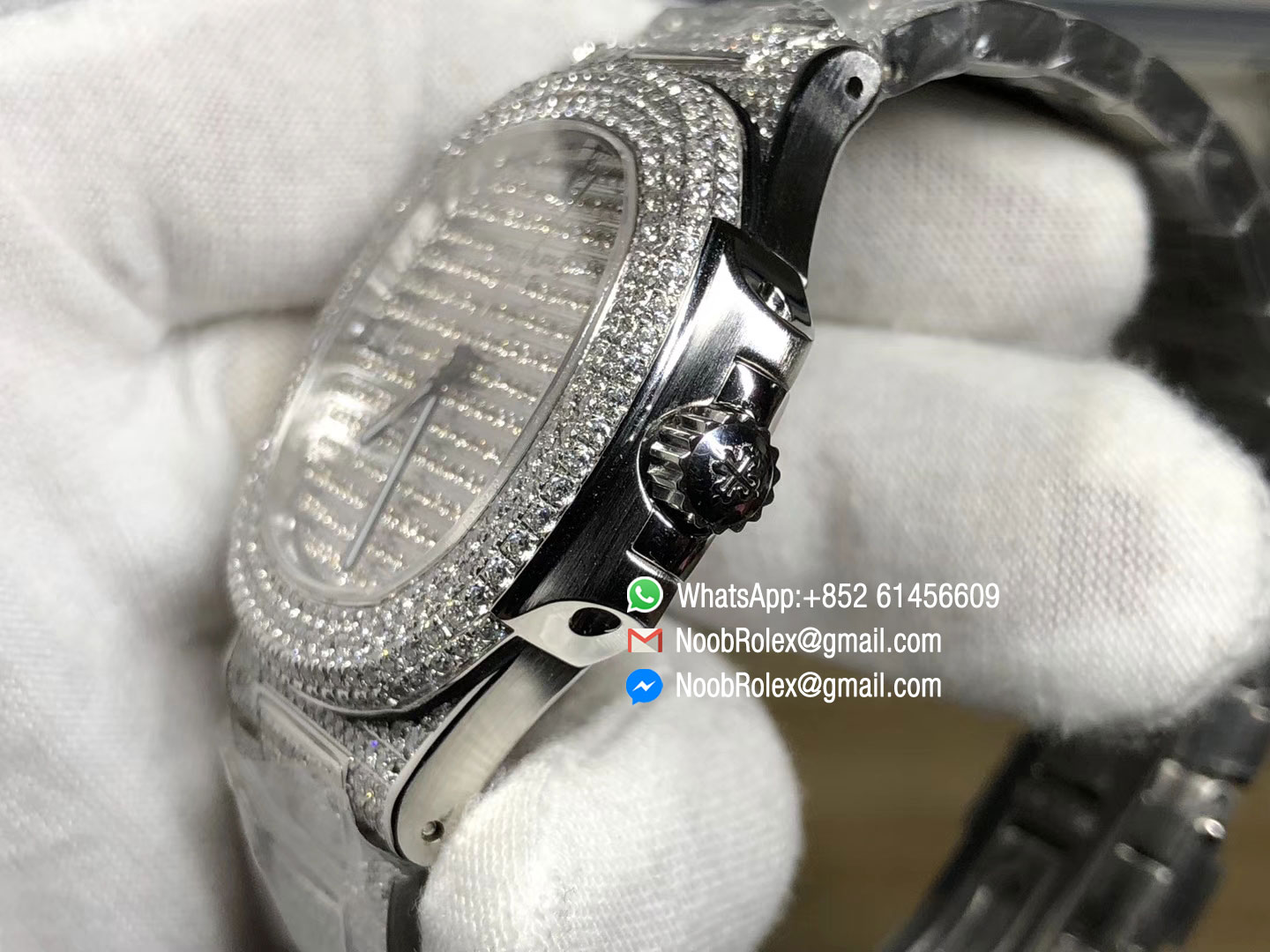 Nautilus 5719-1G Full Paved Diamond Case on Full Diamond Steel Bracelet A324 JJF Best Edition