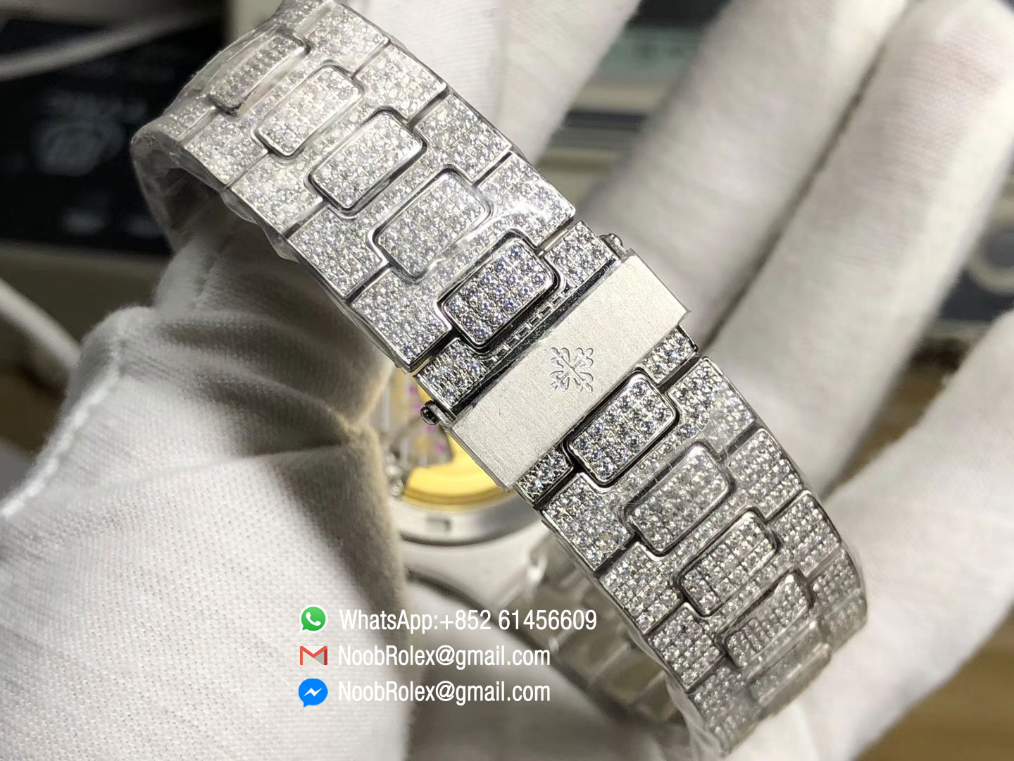 Nautilus 5719-1G Full Paved Diamond Case on Full Diamond Steel Bracelet A324 JJF Best Edition