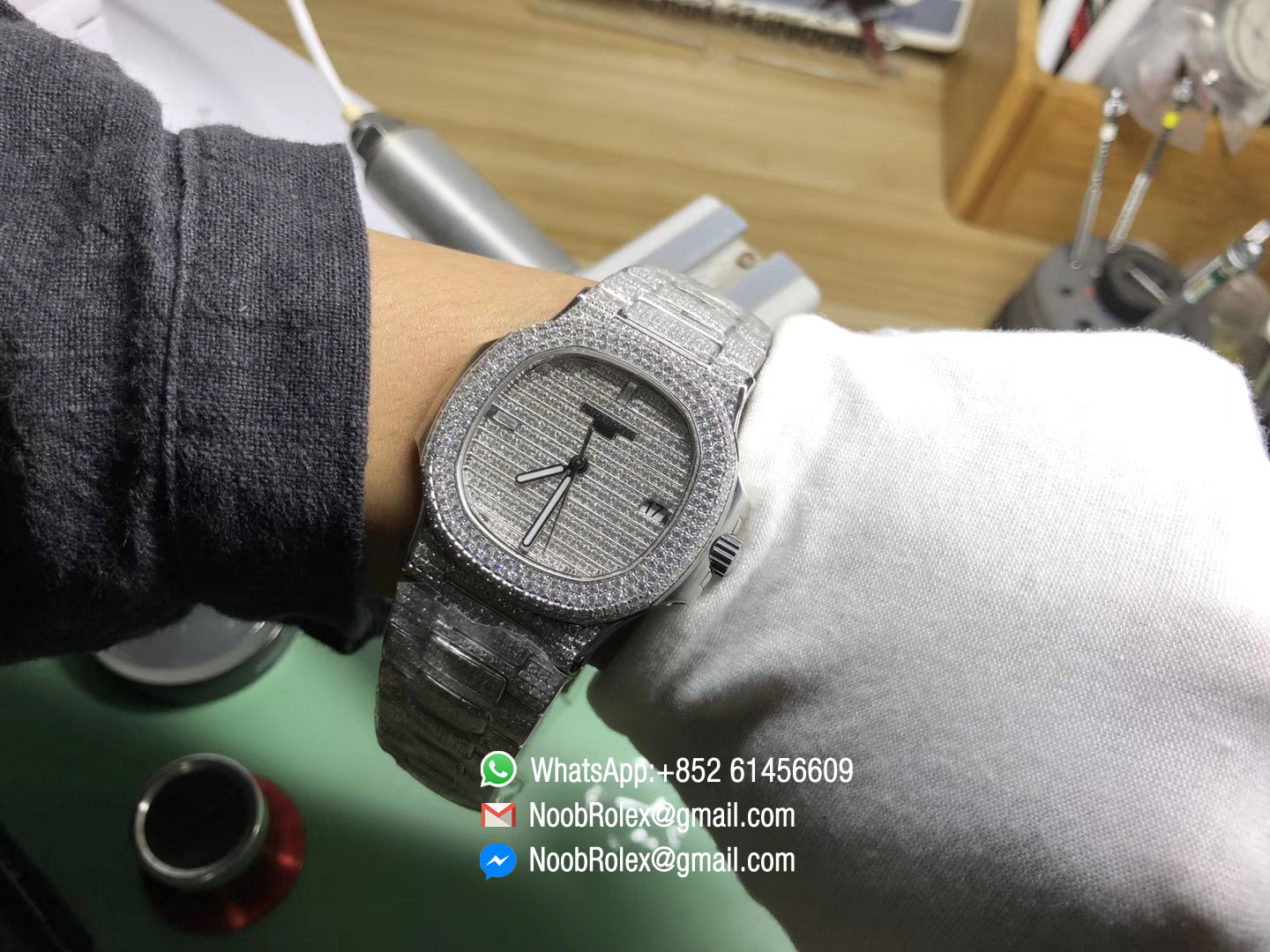 Nautilus 5719-1G Full Paved Diamond Case on Full Diamond Steel Bracelet A324 JJF Best Edition