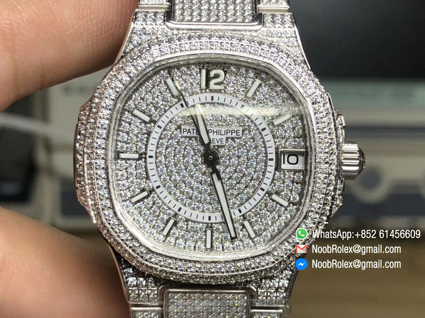 Nautilus Jumbo Ladies 7021 Full Paved Diamonds on Steel Case on Diamonds Plated Steel Bracelet MIYOTA 9015