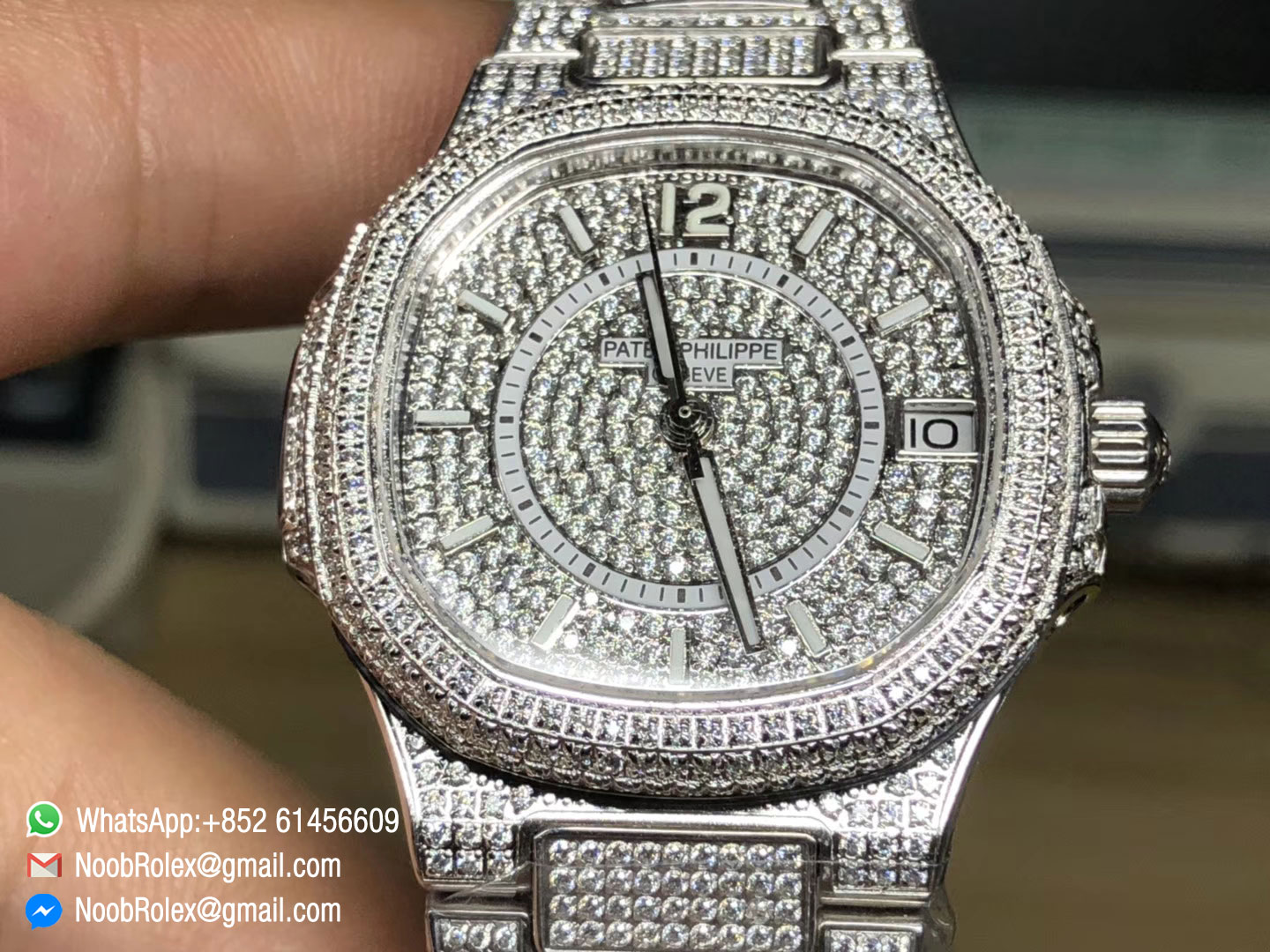 Nautilus Jumbo Ladies 7021 Full Paved Diamonds on Steel Case on Diamonds Plated Steel Bracelet MIYOTA 9015