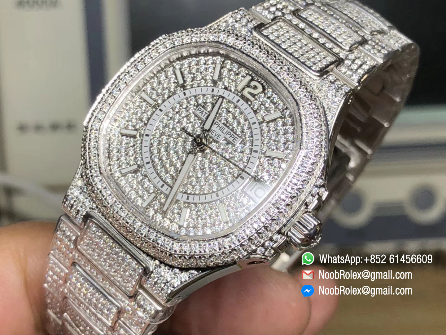 Nautilus Jumbo Ladies 7021 Full Paved Diamonds on Steel Case on Diamonds Plated Steel Bracelet MIYOTA 9015