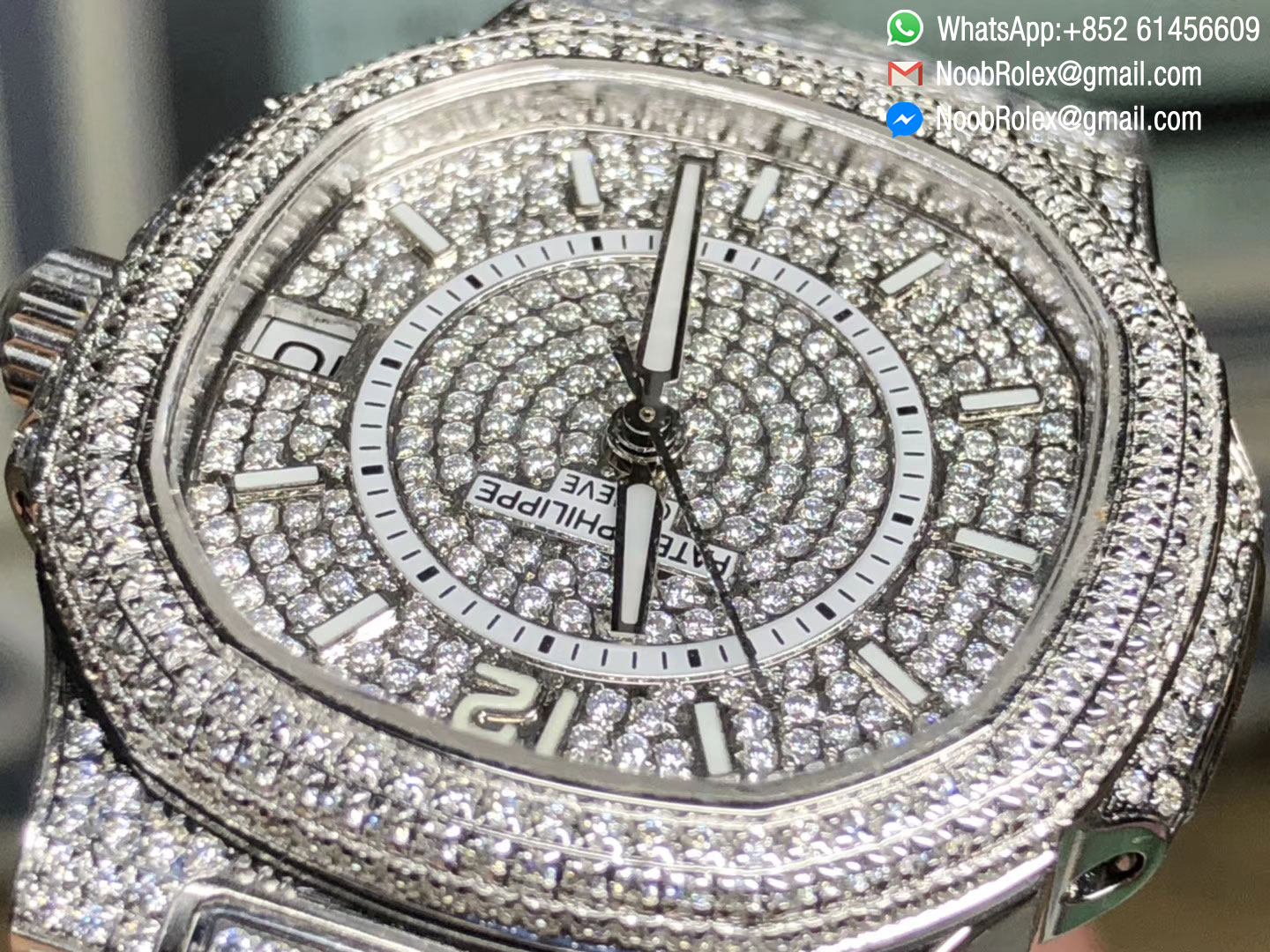 Nautilus Jumbo Ladies 7021 Full Paved Diamonds on Steel Case on Diamonds Plated Steel Bracelet MIYOTA 9015