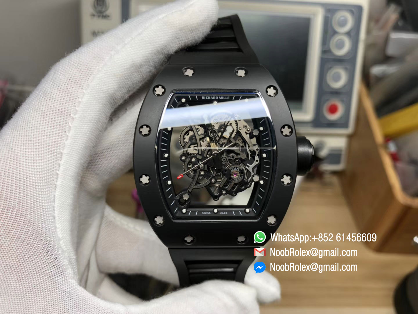 RM055FQ CA 001 Real Ceramic Case KVF Best Edition Skeleton Dial Silver Hands on Black Rubber Strap MIYOTA8215