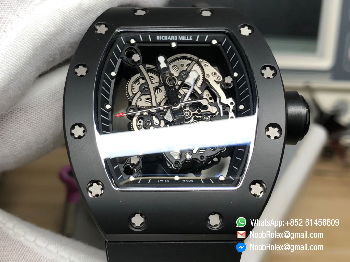 RM055FQ CA 001 Real Ceramic Case KVF Best Edition Skeleton Dial Silver Hands on Black Rubber Strap MIYOTA8215