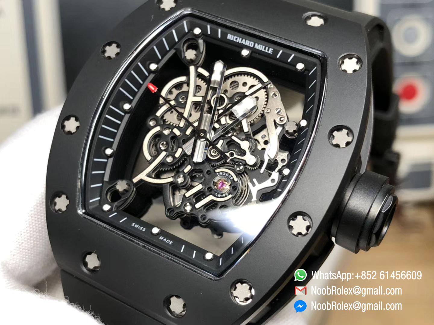 RM055FQ CA 001 Real Ceramic Case KVF Best Edition Skeleton Dial Silver Hands on Black Rubber Strap MIYOTA8215