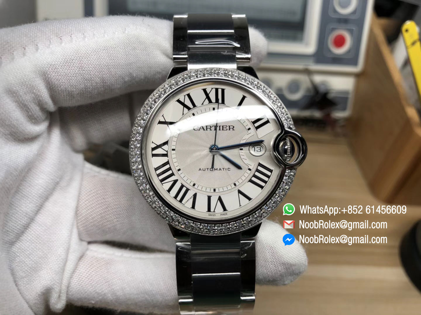 Ballon Bleu de Cartier 42mm Diamond Bezel Silver Textured Dial with Date Stainless Steel Case on Bracelet SW200 Movement