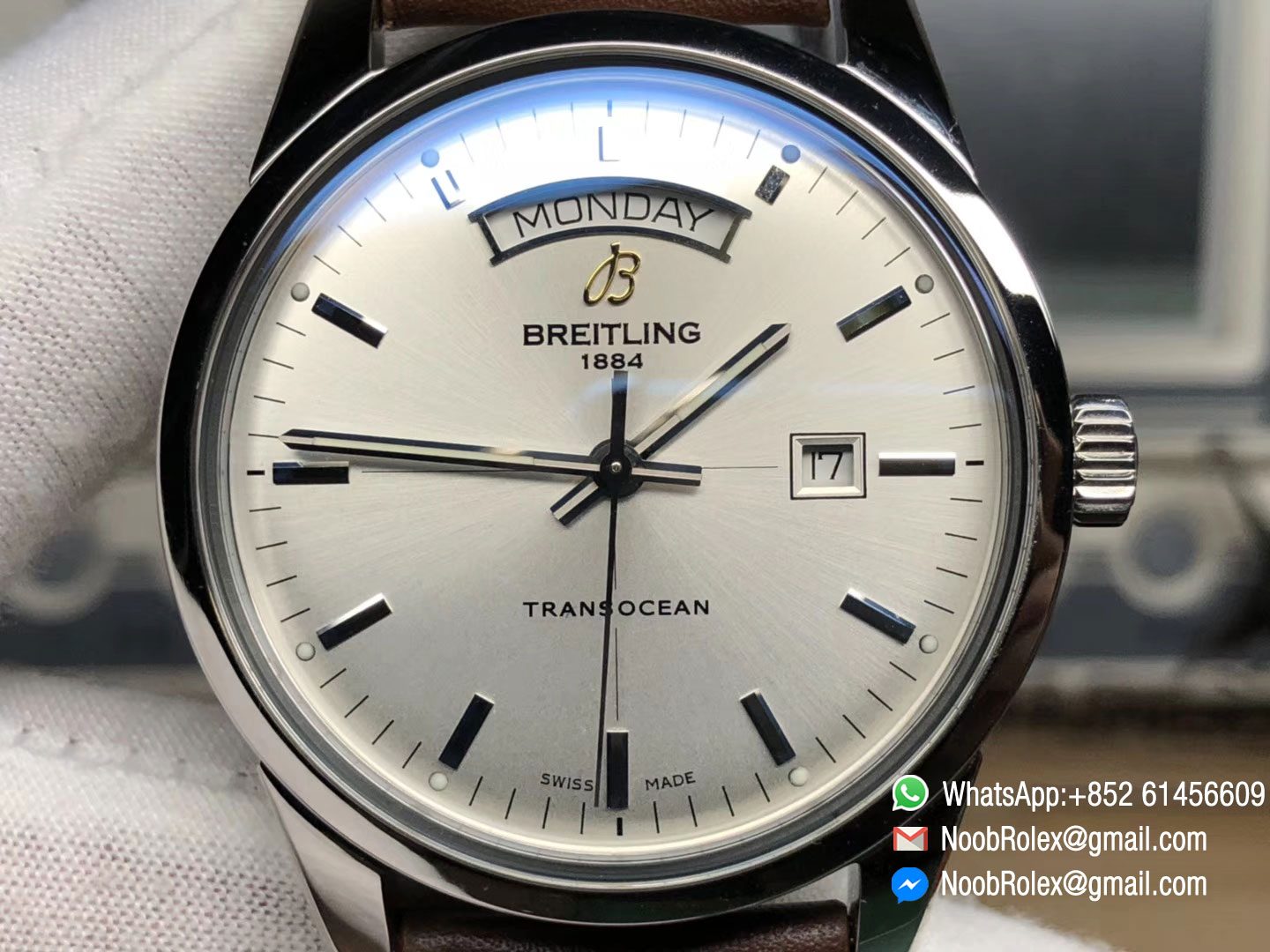 Breitling Transocean Day & Date Automatic Steel Case White Dial on Brown Leather Strap A2836
