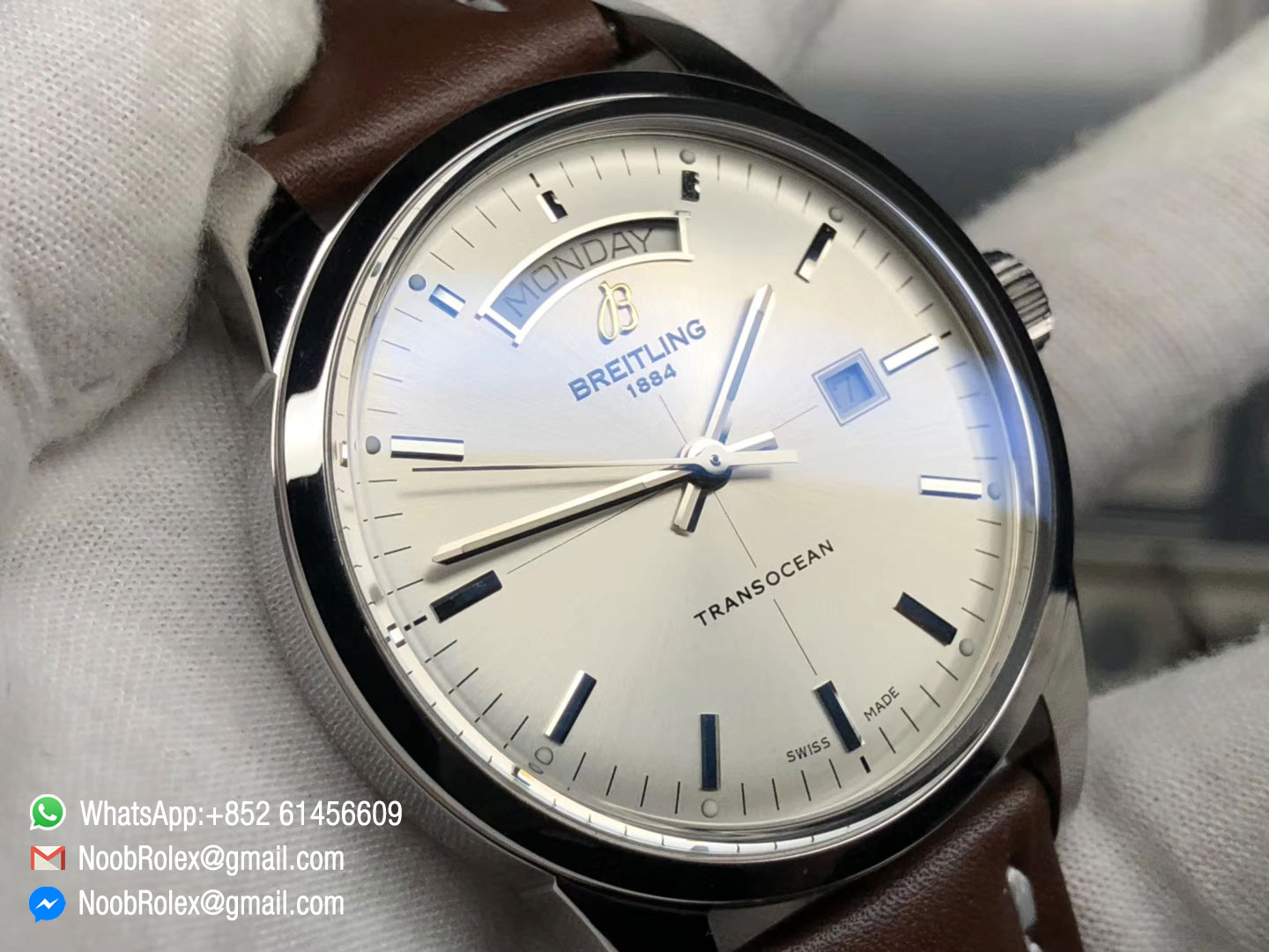 Breitling Transocean Day & Date Automatic Steel Case White Dial on Brown Leather Strap A2836