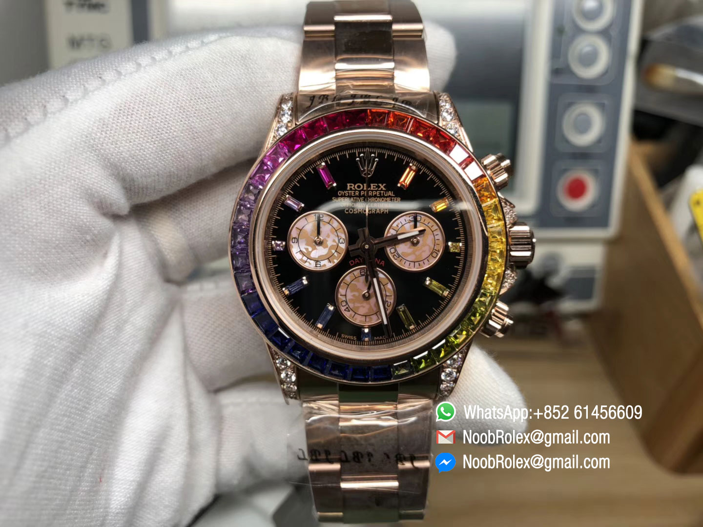 Daytona 116595RBOW Rainbow Crystal Black Dial on RG Bracelet A4130 Chronograph Function as same as Original
